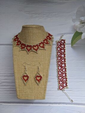 Red Heart Beaded Necklace, Bracelet & Earring Set